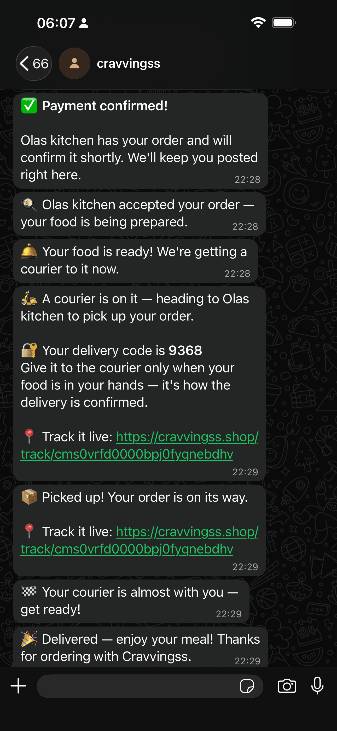 Cravvingss WhatsApp chat: payment confirmed, courier assigned with a delivery code, live tracking link, delivered