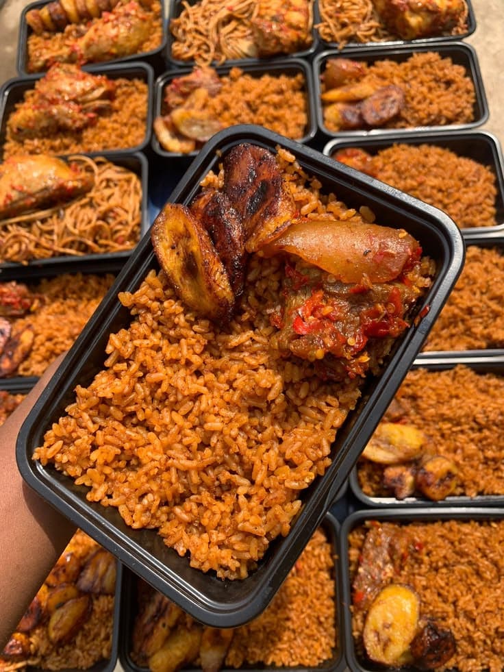 Packs of jollof rice with chicken and coleslaw