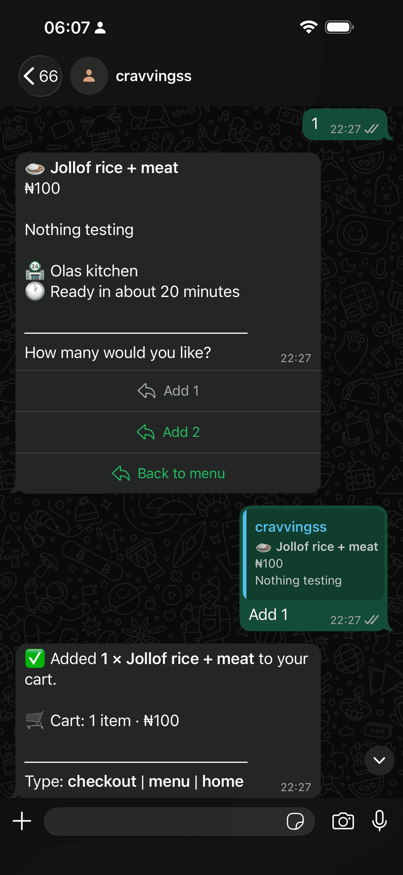 Cravvingss WhatsApp chat showing a dish with price and prep time, quick-add buttons and the cart total