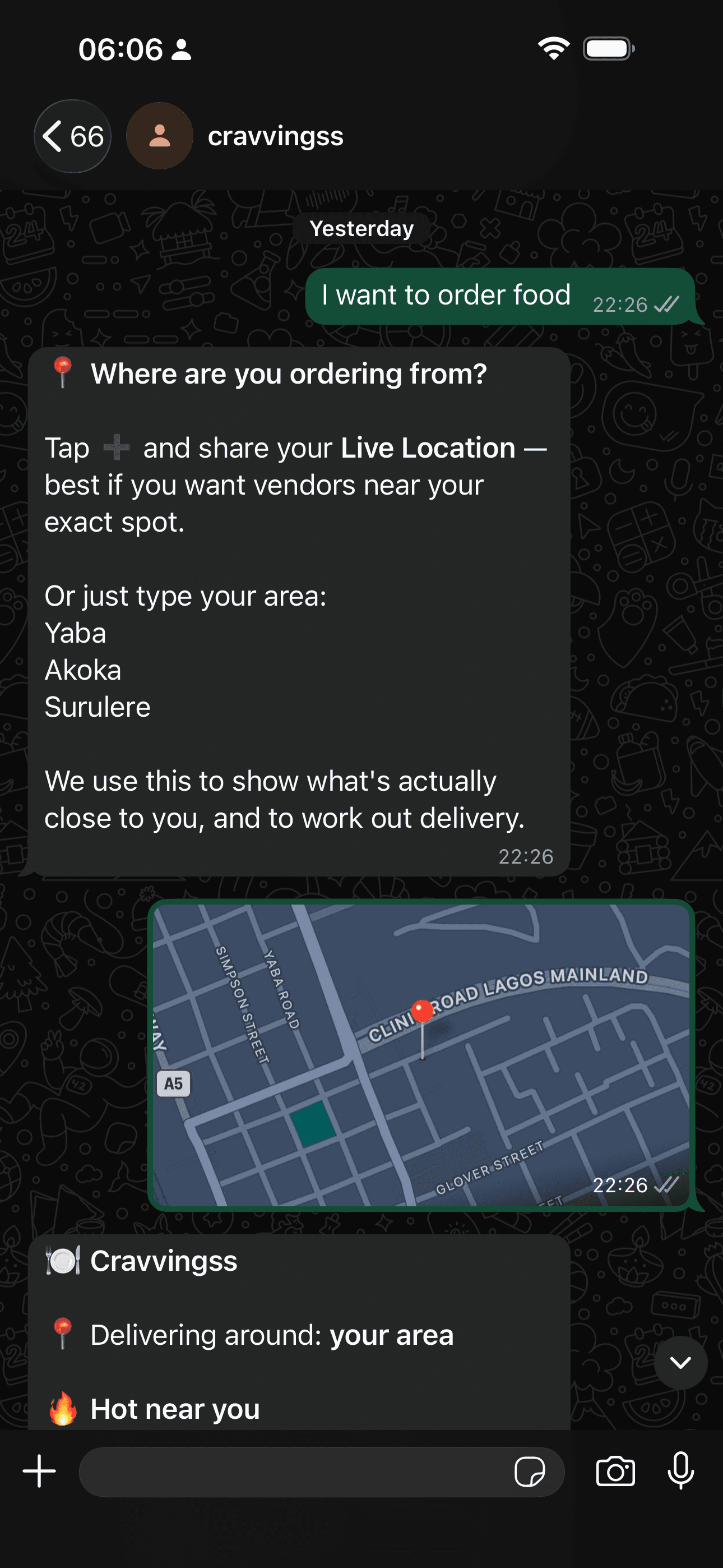 Cravvingss WhatsApp chat asking where you're ordering from, with a shared location and nearby vendors